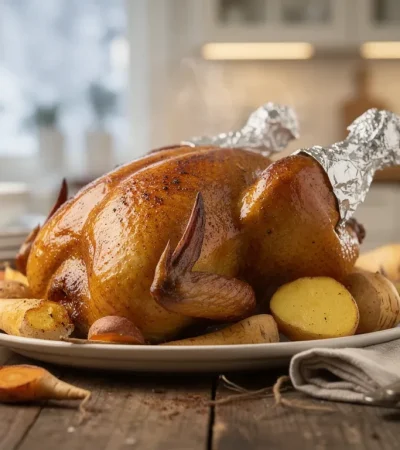 Poulet rôti avec ailes protégées par aluminium froissé