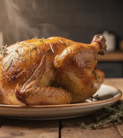 Poulet rôti doré infusé au thym et huile d'olive