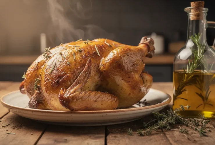 Poulet rôti doré infusé au thym et huile d'olive