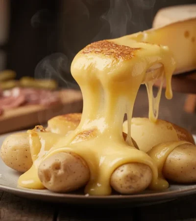 Raclette traditionnelle avec fromage alpin fondu