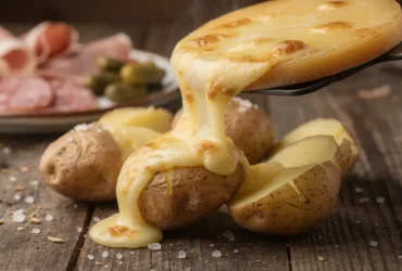 Fromage raclette fondu sur pommes de terre
