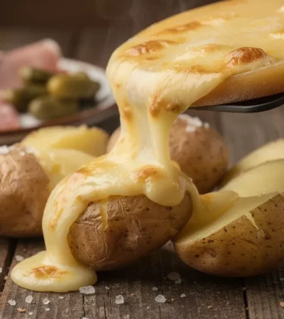 Fromage raclette fondu sur pommes de terre