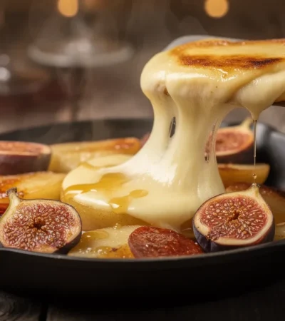 Raclette au fromage fondu sur poires et chorizo