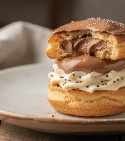 Religieuse au café sur plat en céramique rustique