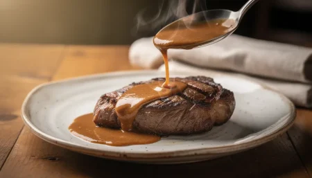 Versement de sauce cognac flambée sur steak
