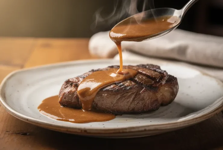 Versement de sauce cognac flambée sur steak