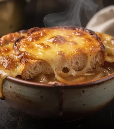 Soupe à l'oignon française rustique au fromage gratiné