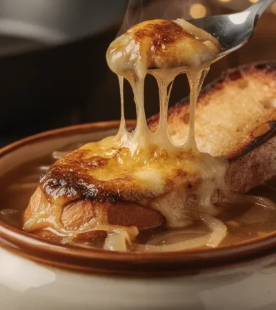 Soupe à l'oignon gratinée rustique en cocotte