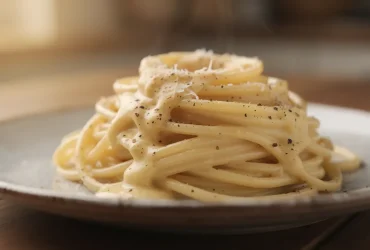 Spaghetti crémeux au parmesan sur assiette rustique