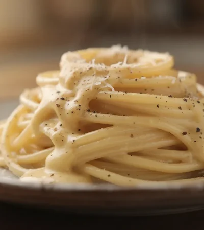 Spaghetti crémeux au parmesan sur assiette rustique