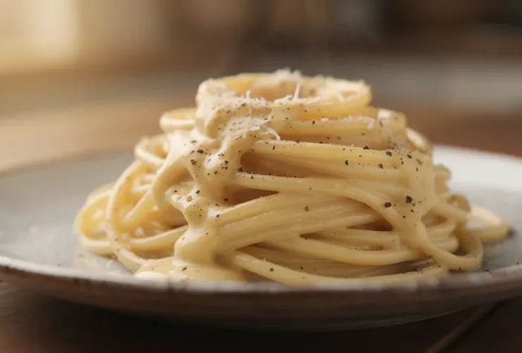 Spaghetti crémeux au parmesan sur assiette rustique