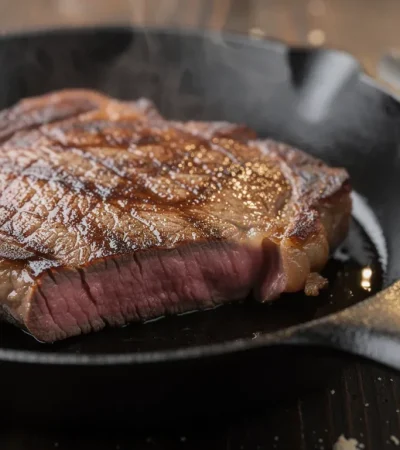 Steak ribeye parfaitement saisi dans poêle en fonte