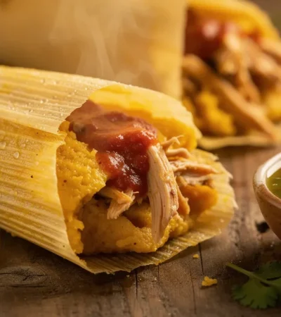 Tamales mexicains fumants au poulet et sauce chili