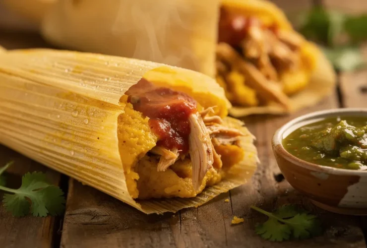 Tamales mexicains fumants au poulet et sauce chili