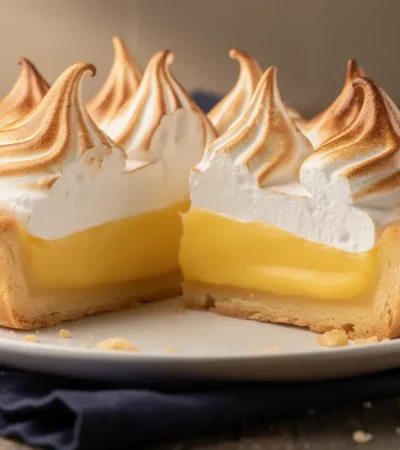 Tarte au citron meringuée sur table en bois rustique
