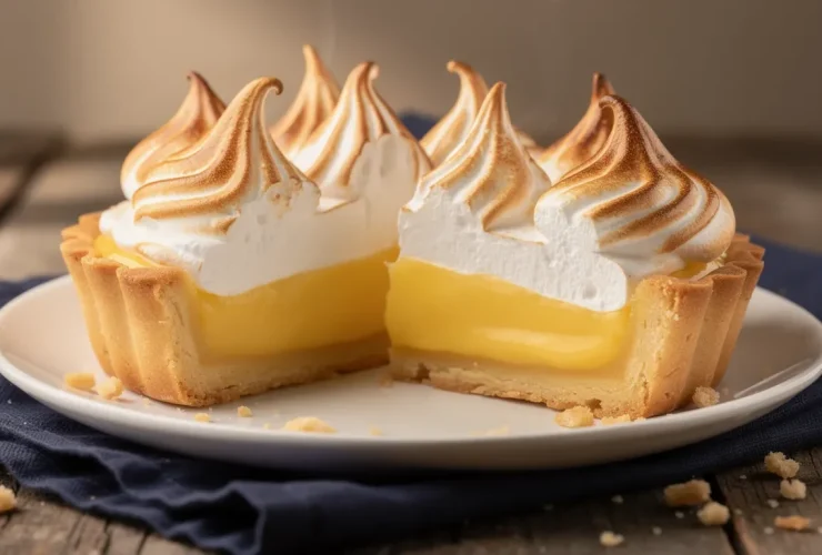 Tarte au citron meringuée sur table en bois rustique