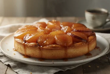Tarte Tatin fraîchement démoulée sur assiette rustique