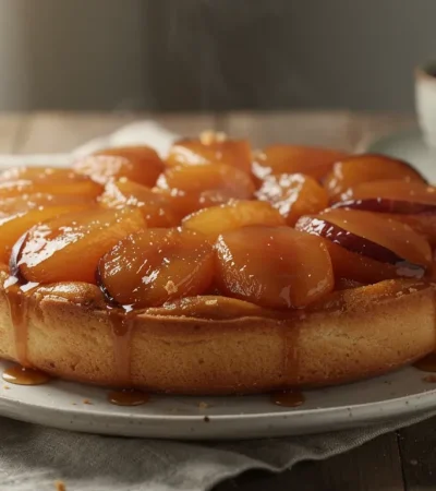 Tarte Tatin fraîchement démoulée sur assiette rustique