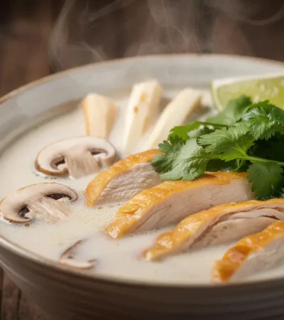 Bol de Tom Kha Gai fumant sur table rustique