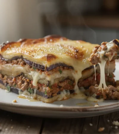 Tranche de moussaka fraîche sur assiette rustique